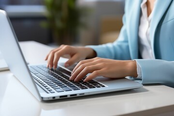 Closeup of female hands typing on a laptop keyboard. A business woman working in the office at day in the style of digital business concept background. Generative ai