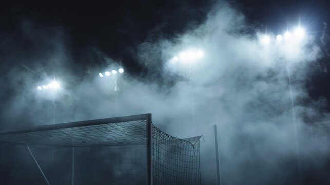 close-up photo of a goal and smoke against a dark background, AI generated image