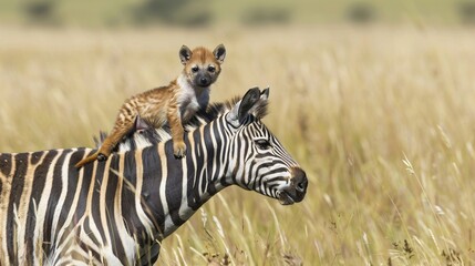 Fototapeta premium A hyena puppy rides on the neck of a zebra, looking unusually funny. In the dry meadow