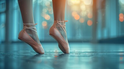 Pair of ballet slippers hanging next to a dancers feet practicing at the barre, focusing on the elegance and discipline of ballet - Powered by Adobe