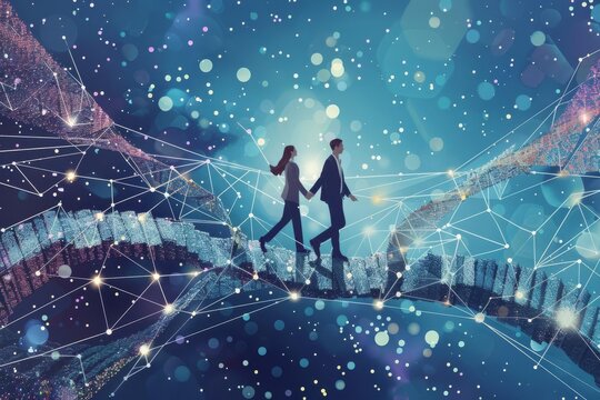 A creative graphic showing two businesspeople crossing a metaphorical bridge made of data streams