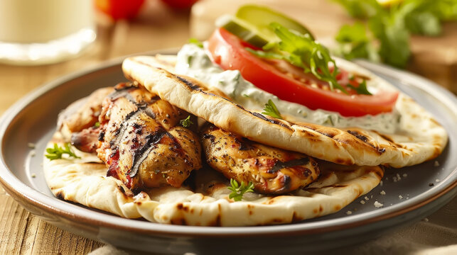 Warm-toned image of grilled chicken on flatbread with fresh tomato slice and lettuce
