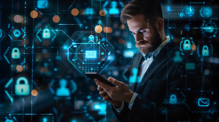 businessman in a suit using his smartphone, surrounded by digital icons representing cyber security and data protection such as padlocks