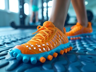 Athlete using a foot roller for muscle therapy on a gym mat, emphasizing sports recovery and selfcare practices