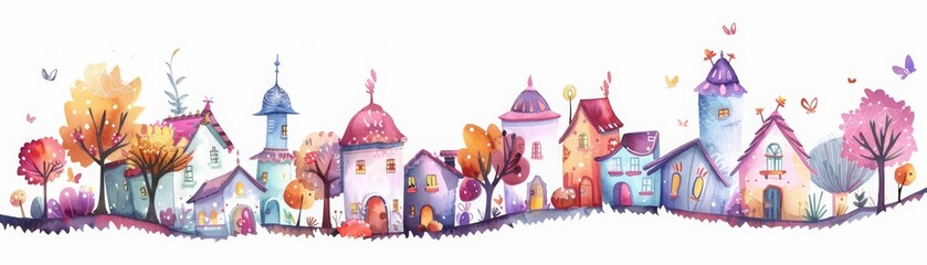 Explore the charm of a quaint village reimagined in a kawaii creative futuristic charismatic watercolor painting