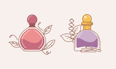 Set of different perfume bottles with ingredients