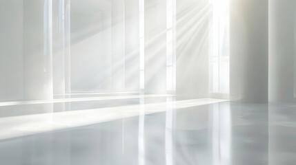 Abstract white background with blurred light rays and reflection on the floor, modern minimalist interior
