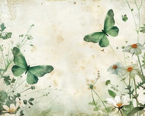 Green butterflies dance amid delicate white florals in a whimsical watercolor border of wildflowers on old paper