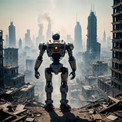 Robots stand watch in a ruined city.