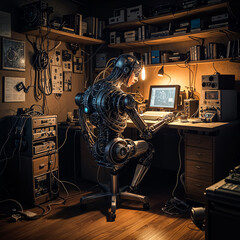 Robot sitting in front of the computer.