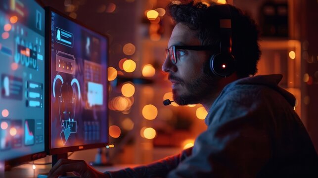 A customer support representative interacting with customers on a video call, with feedback forms glowing on the screen