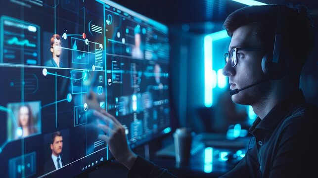 A customer support representative interacting with customers on a video call, with feedback forms glowing on the screen