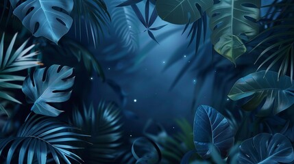 Tropical Leaves in Blue on Space Background