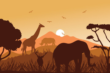 Savanna sunset background vector illustration
