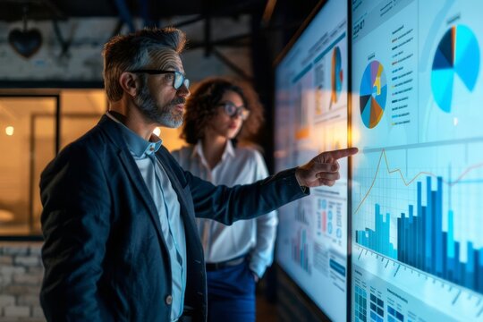 A data analyst explaining key insights to an executive team, pointing at charts on a large digital whiteboard