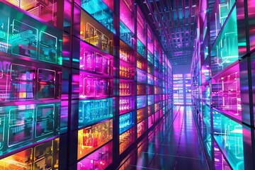 A data warehouse filled with virtual shelves, each containing colorful, glowing data cubes representing different metrics