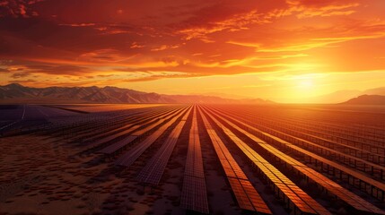 A field of solar panels is illuminated by the setting sun