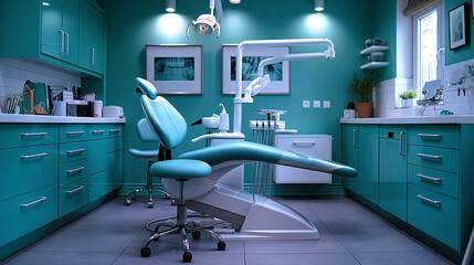 Inside of a dentist office with green interiors, dental chair and other accessories used by dentists