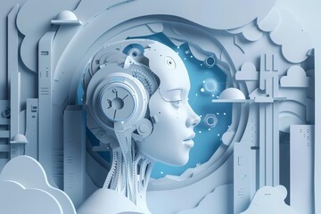 Illustration in paper art style of artificial intelligence, set against a futuristic style background, complete with a banner with copy space