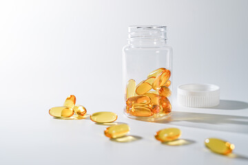 oil filled capsule, soft gel, Fish oil supplement capsule in clear plastic bottle, omega 3 9,...