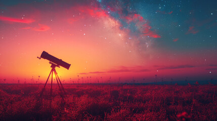 A silhouette of a telescope set up in an open field with a backdrop of a starry twilight sky and early sunrise