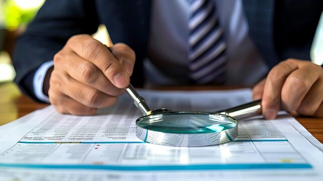 A financial auditor reviewing compliance documents with a magnifying glass over detailed transaction records