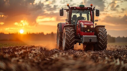 Fototapeta premium The red agricultural tractor tills the soil in the field with a stunning backdrop.