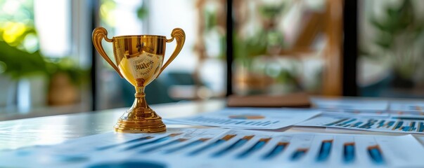 A golden trophy placed on a table beside financial reports, symbolizing awardwinning performance