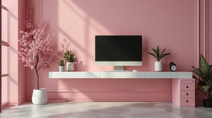 Pink modern office interior with table mockup