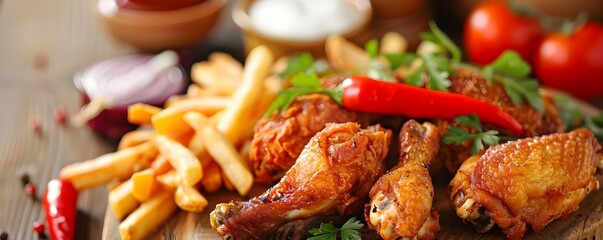Delectable crunchy chicken, expertly cooked, still warm and incredibly appetizing, accompanied by potato fries, sliced onions, sliced chilies, sliced peppers, and sliced tomatoes, presented on wood.