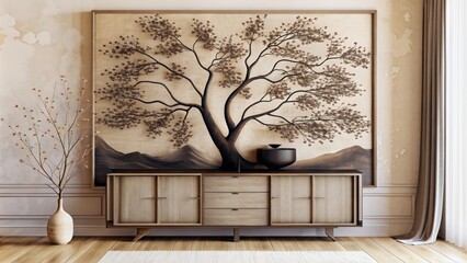 A large painting of an elegant tree with black branches is hanging on the wall in Japandi interior style, beige walls and modern furniture, vases and art objects on top of cabinet. 