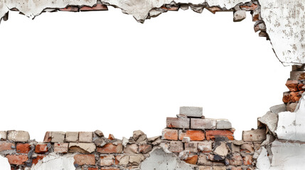Damaged brown brick wall isolated on transparent background