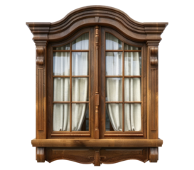 Wooden window with curtains isolated on transparent background
