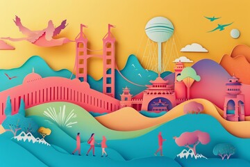 Fototapeta premium Paper cut cute design of mindfulness travel, illustrated in minimal styles, perfect as a colorful banner