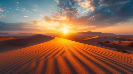 Beautiful sunset over the desert's sand dunes.