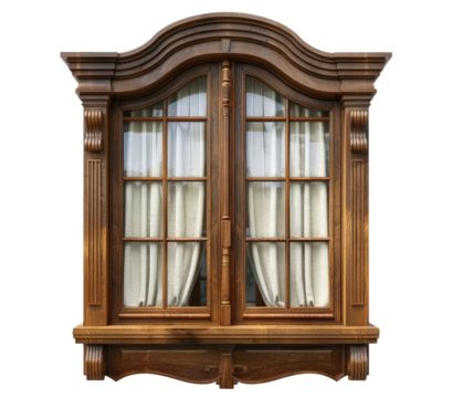 Wooden window with curtains isolated on transparent background