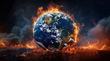 3D Render of Planet Earth Engulfed in Flames: A Hyper-Realistic Depiction of Global Warming and Environmental Crisis, Showing Earth Melting and Burning Against a Dark Background