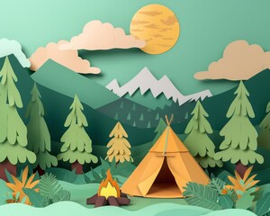 Paper Effect greeting card concept illustration of glamping adventures, styled in classic color tones, as a banner template with ample copy space