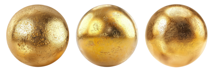 Three golden spheres isolated on transparent background