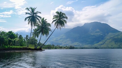 Lakefront coconut trees with mountain backdrop Embracing nature and leisure Stunning scenery - Powered by Adobe