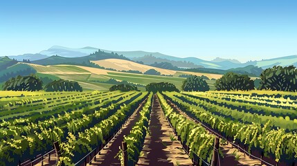 A stunning vista of rolling vineyards with grapevines stretching to the horizon under a clear blue...