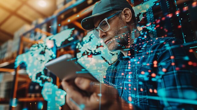 A logistics manager using realtime data feeds to track deliveries on a world map display