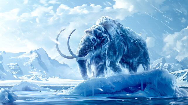 Mammoth standing on iceberg , extinct animal concept .