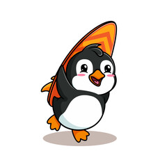 cartoon illustration design of a cute penguin and a kawai lifting a surfboard
