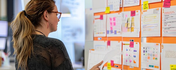 A product manager reviewing user story cards at a shared workspace, discussing design iterations