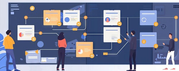 A project coordinator managing multiple teams via a complex flowchart of tasks and dependencies