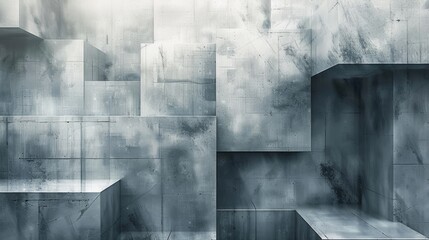 3D rendering of a concrete wall with boxes sticking out at different angles.