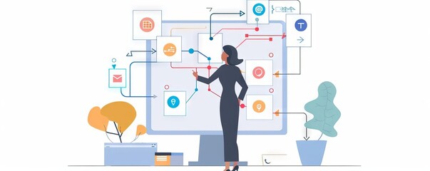 A project coordinator managing multiple teams via a complex flowchart of tasks and dependencies