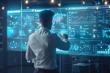 A project leader running a risk assessment on a digital dashboard, showing potential bottlenecks