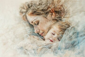 Mother embracing her sleeping child in a dreamy, ethereal artistic portrait
